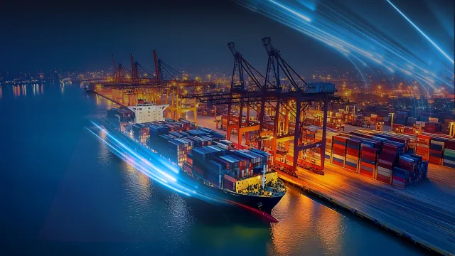 Industrial port at night with lighting solutions illuminating infrastructure